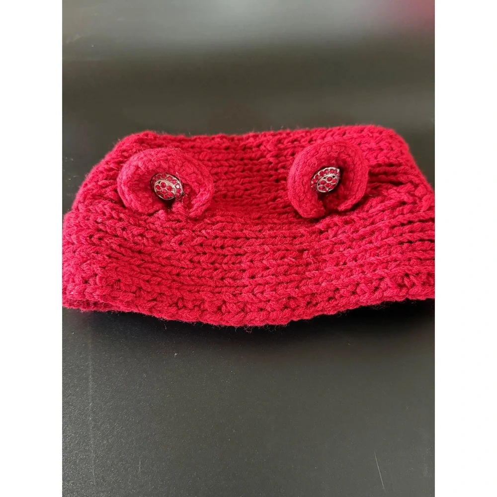 Burgundy Chunky Knit Ear Warmer Headband Rhinestone Accents Button Closure